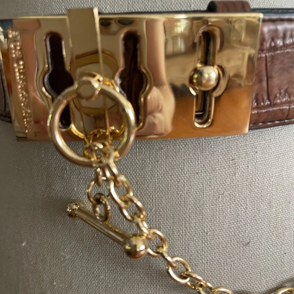 BCBGMaxAzria Croco Design Belt with Decorative Gold Buckle and Chain Detail - Picture 2 of 8